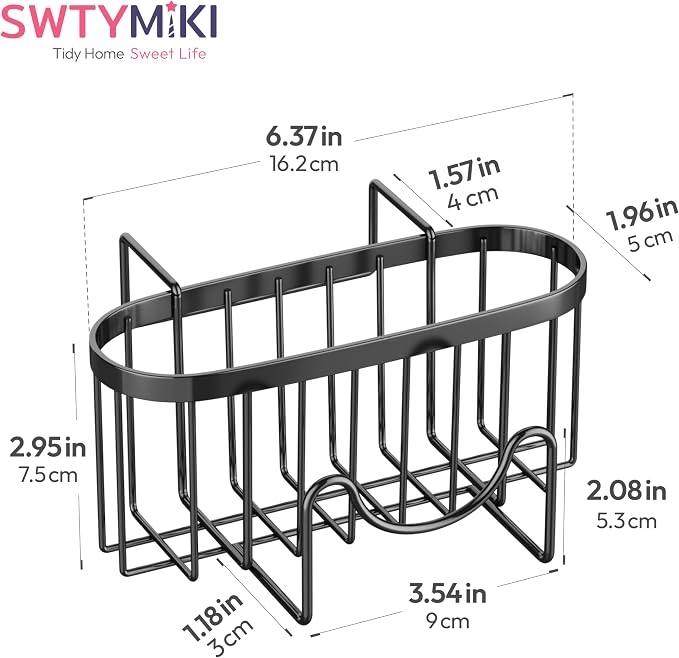 SWTYMIKI Sponge Holder for Kitchen Sink - Movable Kitchen Sink Caddy with M Shape Hook, Stainless Steel Hanging Sponges Caddy Organizer in Double Bowl Sinks Depth>3.15in, Middle Divider<1.5in, Black