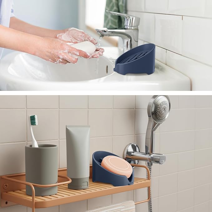NiHome Silicone Sponge Holder for Kitchen Sink, Fits Scrub Daddy Mommy | Self-Draining Dispenser Organizer Tray, Sink Caddy Countertop Fits Soaps, Scrubber, Dishwasher Safe, Includes Brush,Dark Blue
