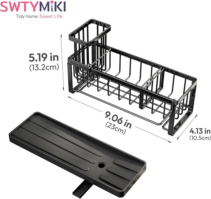 SWTYMIKI Sponge Holder for Kitchen Sink - Sink Caddy with Brush Holder Self-draining Sponge Caddy Organizer with Divider Stainless Steel Kitchen Accessories Storage for Countertop, Black