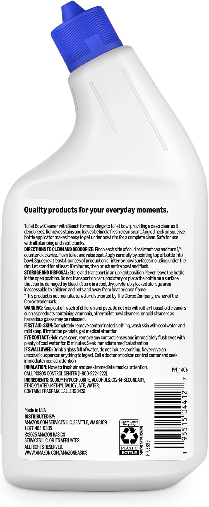 Amazon Basics Toilet Bowl Cleaner with Cling Action Formula, Bleach, Fresh Scent, 24 Fl Oz, Pack of 1, Packaging May Vary