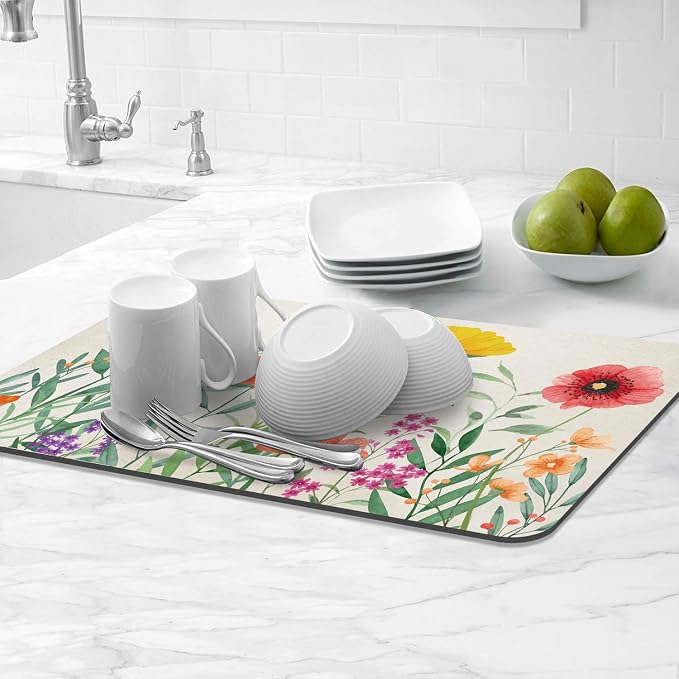 LOKHOM Dish Drying Mat for Kitchen Counter, 12"x20" Absorbent Coffee Bar Mat with Spring Floral, Dish Drainer Rack Mat for Kitchen Counter Coffee Maker, Dining Room Decoration