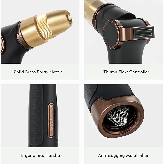 RESTMO Garden Hose Nozzle, Heavy Duty Water Hose Sprayer for Outdoor | Zinc Alloy Metal, Thumb Control, Precise Flow, Adjustable Spray Patterns, Leak-proof, Ideal for Lawn & Plant & Car, Brown