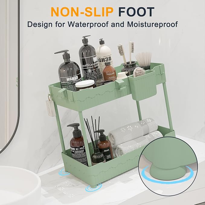 Sevenblue 2 Pack Under Sink Organizer, Under Bathroom Cabinet Organizer with Hooks Hanging Cup, Multi-Purpose Storage Shelf for Kitchen Bathroom (Green, 14.8 Inch)