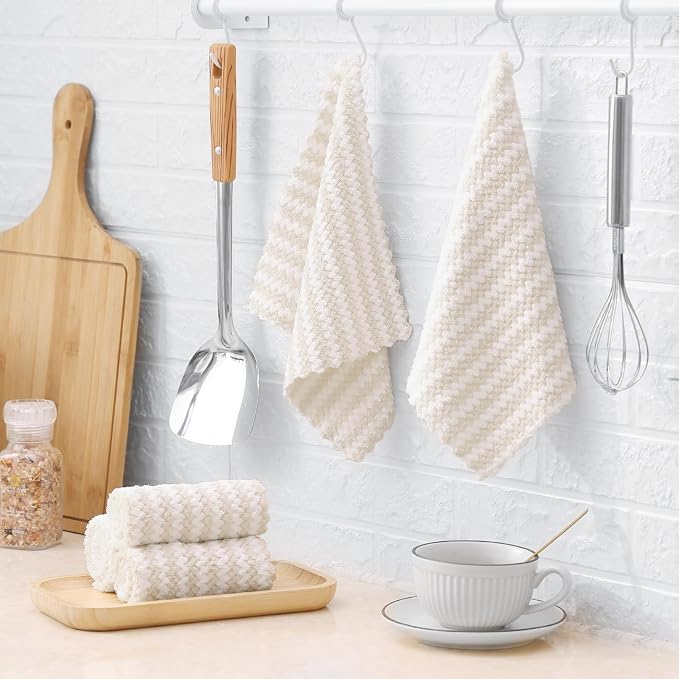 Homaxy 12 Pack Kitchen Dish Cloths, Ultra Soft and Absorbent Dish Towels, Reusable Fast Drying Microfiber Cleaning Cloth, Coral Velvet Wave Design No-lint, 10 x 10 inches, Beige