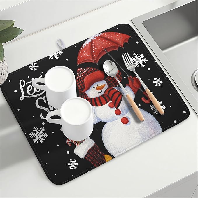 Black Snowman Dish Drying Mats for Kitchen Counter, Winter Snowflake Dish Mat Absorbent Reversible Microfiber Dish Drying Pad Christmas Kitchen Drying Mat Dish Drainer Rack Mats for Bar 18”x24”