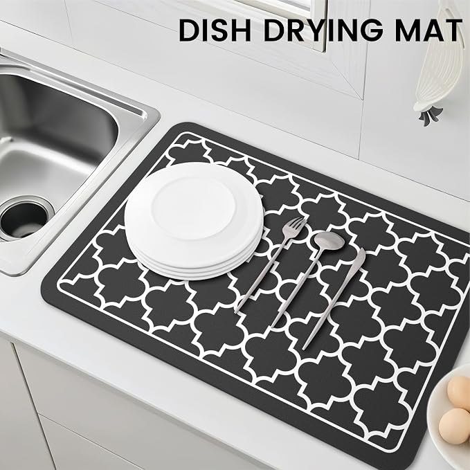 WISELIFE Dish Drying Mat Super Absorbent Drying Mat Large Dish Drying Mats for Kitchen Counter Easy Clean Dish Mat Kitchen Drying Mat16"x 24" Stylish Black