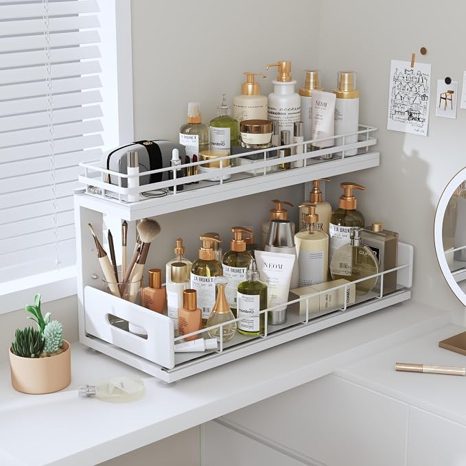 Under Sink Organizer Upgrade To Professional Rails,2-Tier Dual Pull Out Cabinet Storage,Height Adjustable Slide Out Drawers For Bathroom Kitchen,2 Pack-18.5"Dx12.8"-16.9"H,White