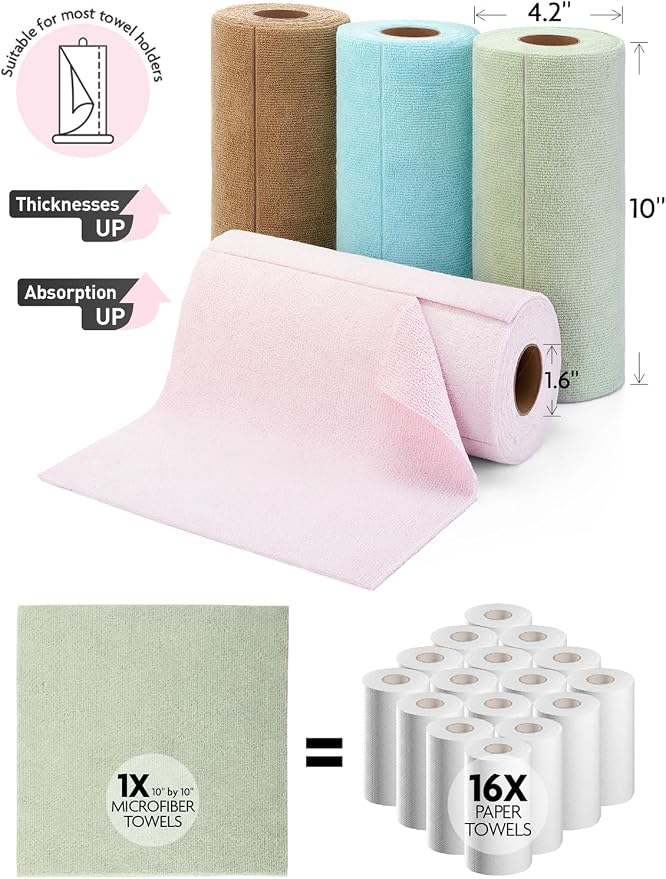 Fantasticlean Kitchen Towels Roll, 80 Sheets,10''(Pink,Blue,Tan,Moss Green) | Tear-away Dish Towels for Kitchen, Ultra Absorbent, Lint-free, Premium Microfiber Cleaning Cloths, for All-Purpose Cleaning