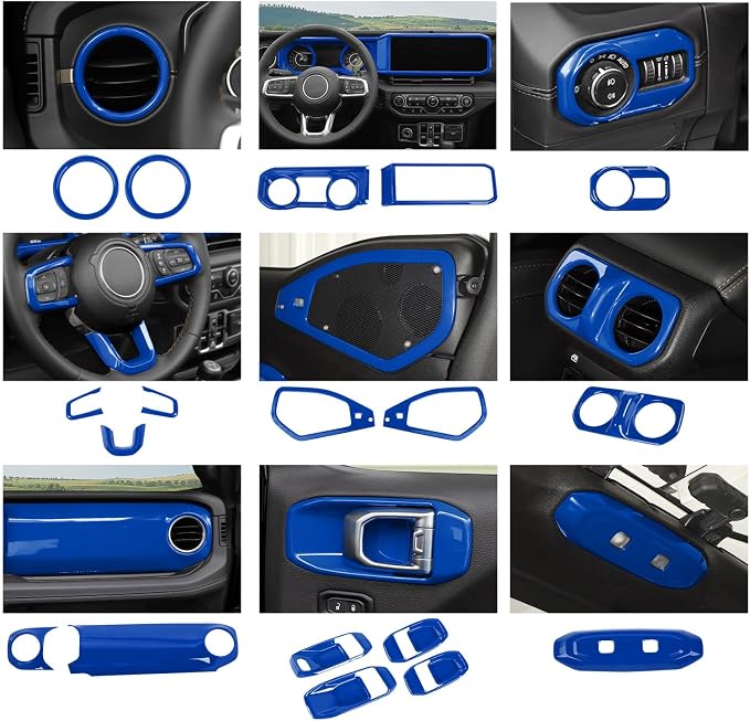 21PCS Full Set Interior Trim Kit for 2024-2026+ Jeep Wrangler JL JLU & Jeep Gladiator JT, Dashboard Side Outlet Door Handle Bowl Headlight Switch Roof Reading Light Cover (Blue)