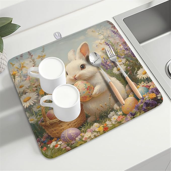 Easter Bunny Eggs Dish Drying Mat for Kitchen Counter 16 x 18 Inch Rabbit Floral Dish Drainer Mat Absorbent Microfiber Dish Rack Pad for Spring Holiday Coffee Dining Bar Decor