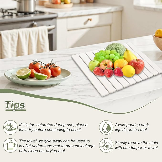 Dish Drying Mat Large Stone Dish Drying Mat For Kitchen Counter Collapsible Quick-Drying Sleek Diatomaceous Versatile Stone Drying Mats For Cups Dishes Bottles Marble (white, 16''X24'')