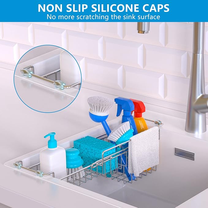Over The Kitchen Sink Caddy Sponge Holder Organizer Drying Rack Expandable for Sponge Brush Soap Dish Cloth Rag, Stainless Steel (12.25" to 17.25")