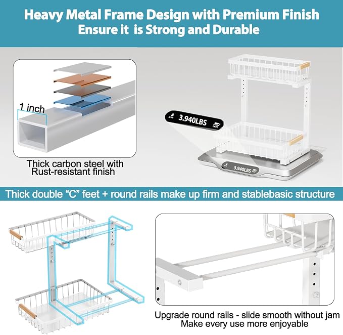 Liuoud Under Sink Organizer 2 Pack, 2 Tier Slide Out Large Capacity Height Adjustable Under Sink Organizers and Storage for Kitchen Bathroom Cabinet, White