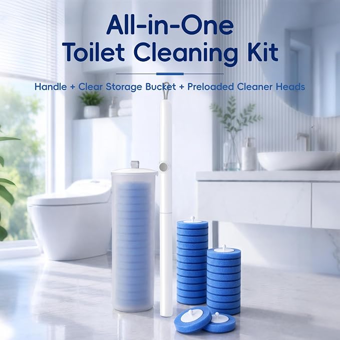 Toilet Bowl Cleaning Wand, Disposable Toilet Brush Kit with Replacement Heads and Press Button Handle (Toilet Brush + 21 Refills)