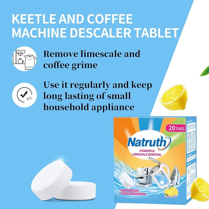 NATRUTH 20 Packs Powerful Limescale Removal,Efficient Water Bottle Cleaning Tablets,Odor-Free KETTLE & Coffee Cup Cleaner Tablets,Descaler for Coffee Machine,Natural Stainless Steel Cup Cleaners