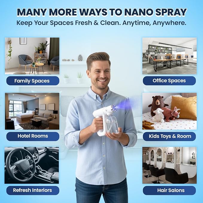 Professional Disinfectant Nano Spray Gun, Ultra Fine Atomizer Sprayer,White | Continuous Spray Bottle with Blue Light, Easy to Use Lightweight and Rechargeable Sanitizer Gun, Multipurpose Fogger Machine