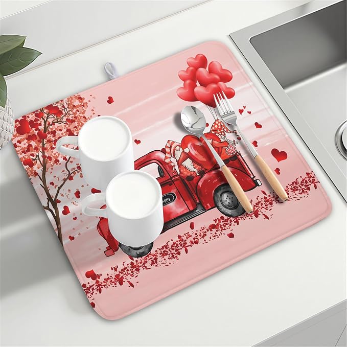 Valentine's Love Truck Dish Drying Mat, Valentine Red Gnomes Dish Drying Mat for Kitchen Counter, Valentine's Day Absorbent Fast Dry Dish Drainer Mat Protector Microfiber Dish Drying Pad 16"x18"