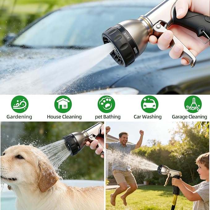 ARXIVE Metal Garden Hose Nozzle, Heavy Duty High Pressure Hand Sprayer | 7 Adjustable Patterns for Watering, Car Wash, Pet Rinse & Patio, Leak-Proof Rustproof Metal with Non-Slip Grip