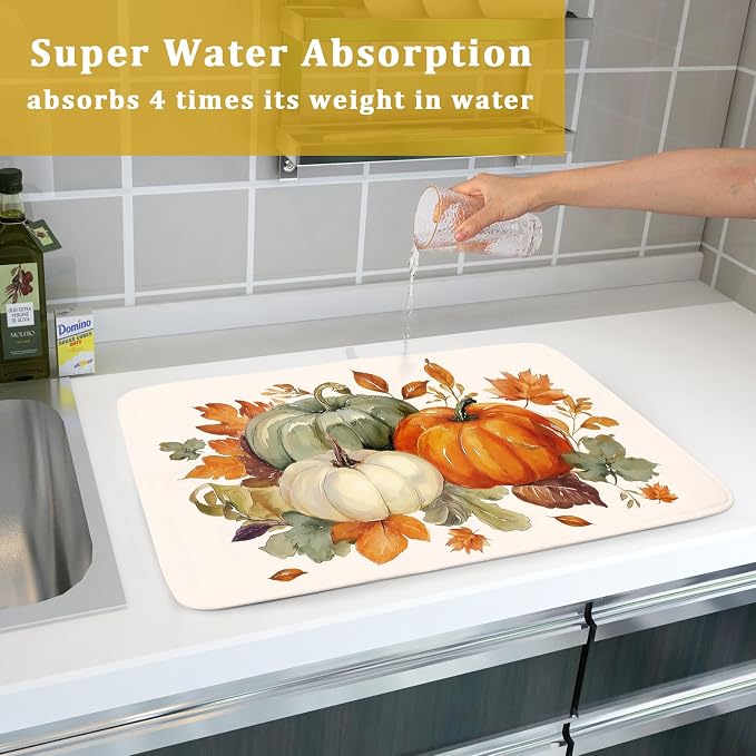 Giwawa Fall Pumpkin Dish Drying Mat Autumn Leaves Absorbent Dishes Pad 18x24 Inch Seasonal Microfiber Dish Drainer Rack Mat for Kitchen Countertop