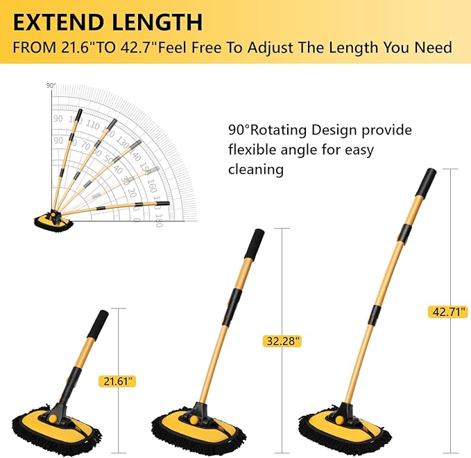 Car Wash Brush with Long Handle, 15°Curved Car Cleaning Brush with Replaceable Head Cover, Truck Washing Brushwith Telescopic Handle Wash Mop Kit 5PCS