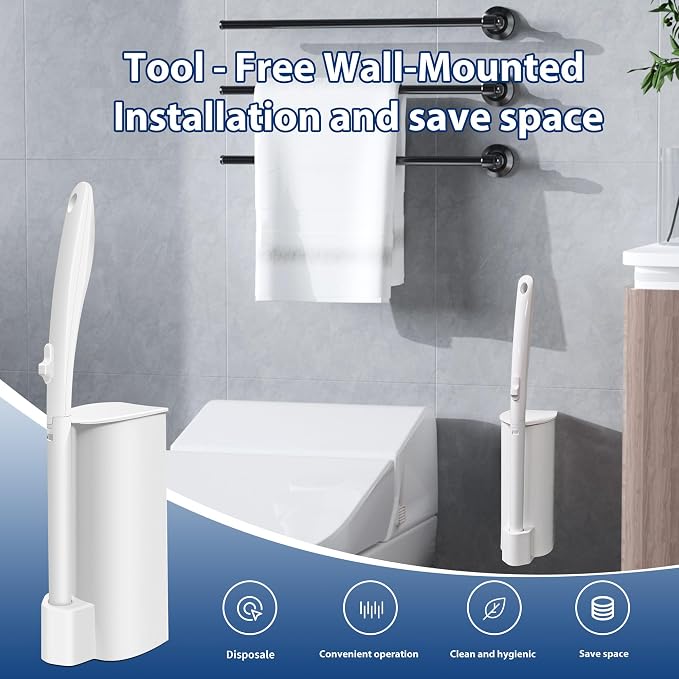 Disposable Toilet Brush with 70 Refills, Wall Mounted Toilet Bowl Cleaner Wand Kit and Holder, Bathroom Cleaning Supplies, Toilet Scrubber Disposable Heads, 1 Pack