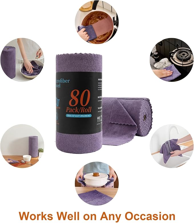 80 Pack Microfiber Cleaning Cloth Roll,Lint Free Rags & Tear Away Reusable Towels Washable Scratch,Ultra Absorbent Dish Rags(12" x 12") for Car Kitchen Home Garage-Dark Purple