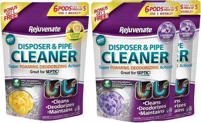 Rejuvenate Garbage Disposal and Drain Pipe Cleaner Pods Powerful Foaming Action and Removes Garbage Disposal Smells 6 Unit Pack Lemon Scent pack & Lavender Pack x2