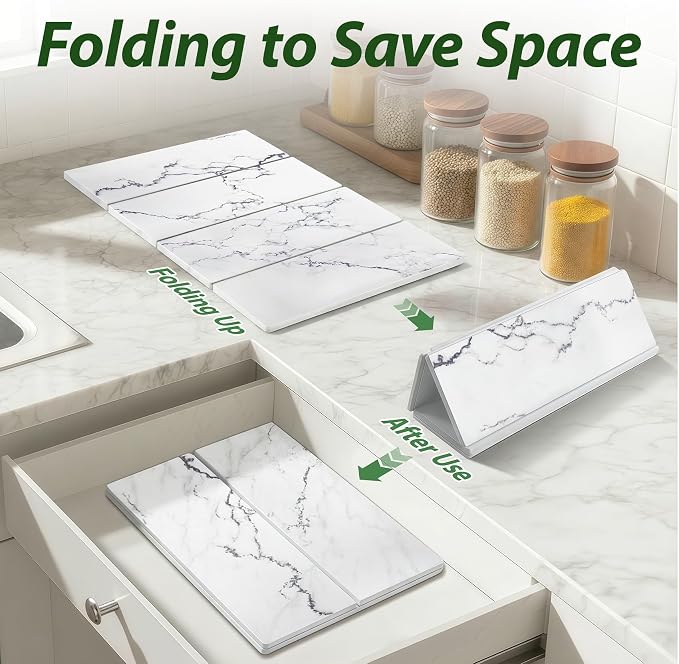Large Stone Drying Mat for Kitchen Counter, 24"x16" Collapsible Quick Dry Dish Drying Mat, Water-Absorbent Marble Diatomaceous Earth Mats for Bottles Cups Dishes, Match Any Countertop