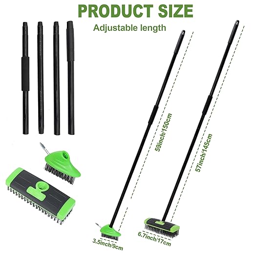 3 in 1 Scrub Brush with Long Handle – Your All-Purpose Deck Brush, Weeding Tool & Concrete Scrubber Tackle Patio Weeds, Floor Stains, Moss, and Rust with one Versatile Set. (Green)