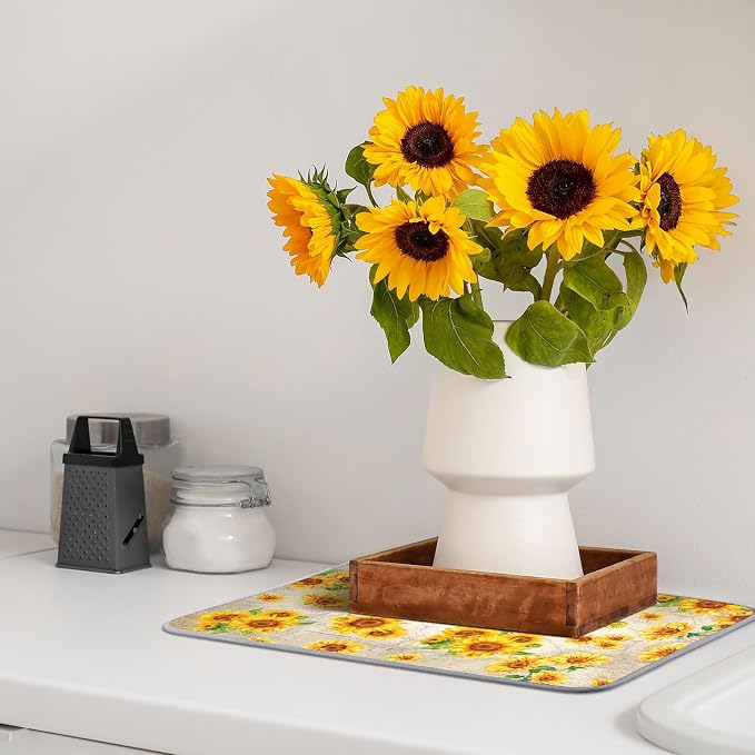 Zonon Dish Drying Mat for Kitchen Counter 16 x 24 Microfiber Absorbent Dish Drainer Rack Pads Fast Dry Mat Vintage Kitchen Decorations(Yellow,16" X 24",Sunflower)