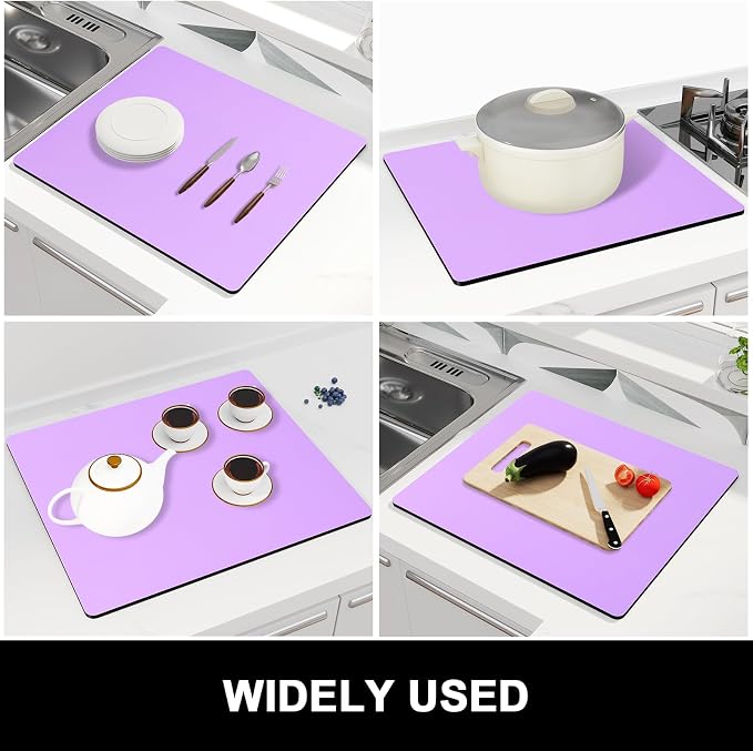 Rnivvi Dish Drying Mat for Kitchen Counter, 16 x 18" Cute Absorbent Heat Resistant Drying Pad with Non-slip Rubber, Coffee Bar Mats for Coffee Machine Dish Rack Kitchen Decor Accessories, Purple