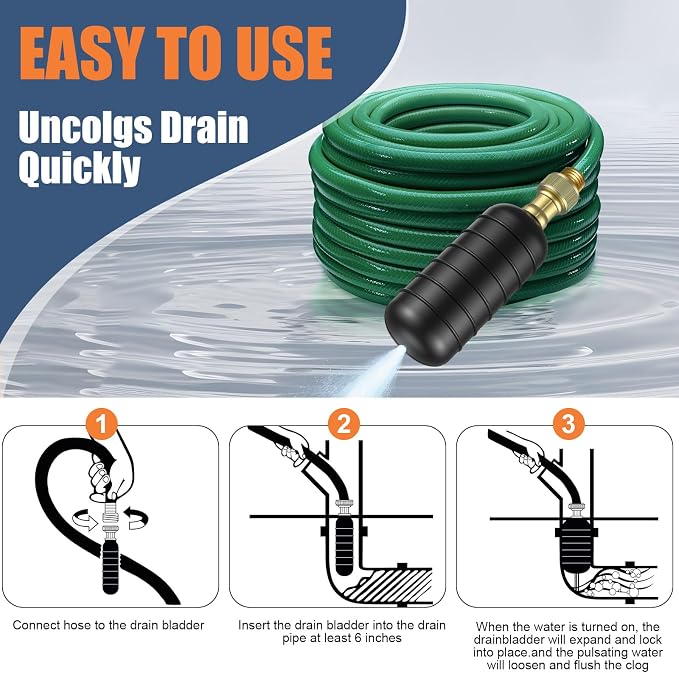 3 Pcs Drain Bladder Kit, Drain Cleaning Bladder Fits 1" to 6" Pipes, Rubber Drain Bladder Unclogger for Bathroom Sinks, Showers, Swimming Pool Drains, Kitchen Sinks and Main Drains