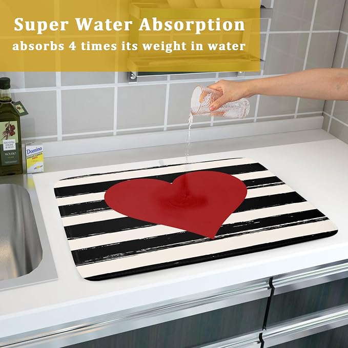 Valentine's Day Dish Drying Mat for Kitchen Counter Black Plaid Heart Microfiber Absorbent Dish Draining Reusable Washable Foldable Extra Large 18"x24"