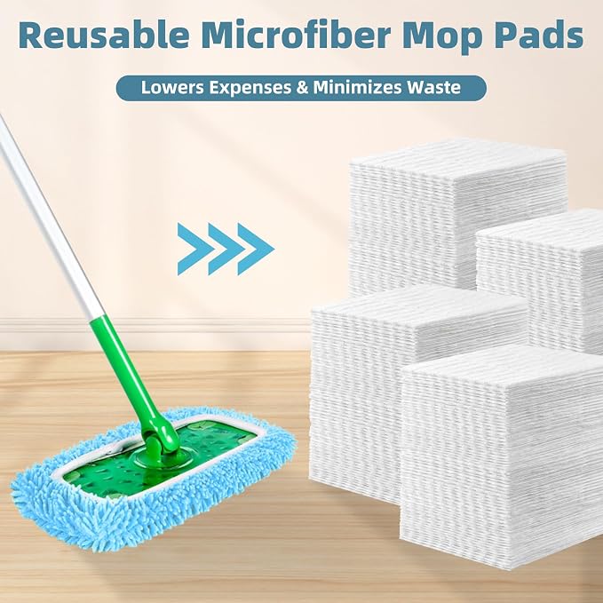 Reusable Microfiber Mop Pads Compatible with Swiffer Sweeper Mop, Washable Wet Pads Refill & Chenille Dry Sweeping Cloths for Use on All Sealed Floors - Wood, Laminate, Stone & Tile (10 Coral Blue)