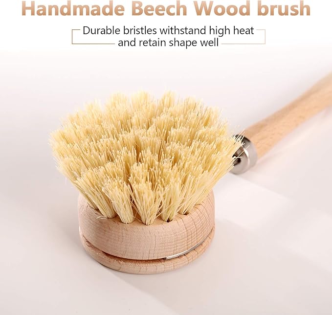Boao 3 Pack Dish Brush with Beechwood Handle with Replacement Heads Natural Wood Dish Scrub Brush for Washing and Cleaning Pots and Pans