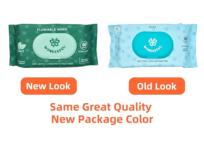WONDERFUL Flushable Wipes, Mint 100% Plant-Based Wet Butt Wipe for Adults & Kids, Sewer Septic Safe, Gentle for Sensitive Skin, Wipes Flushable Pack for Bathroom & Travel, 6-Pack (360 Count)