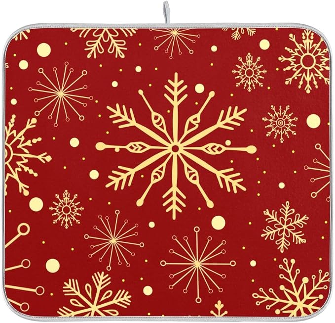 Christmas Snowflakes On Red Dish Drying Mat for Kitchen, Absorbent Microfiber Drying Pad Dish Mat, 16" X 18"