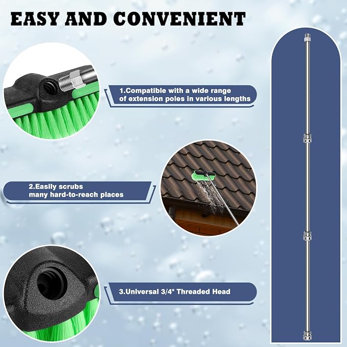 10“ Car Wash Brush Head, Scrub Brush Attachment for Extension Pole, Outdoor Cleaning Tool for Window, Wall, Floor, Deck, Patio