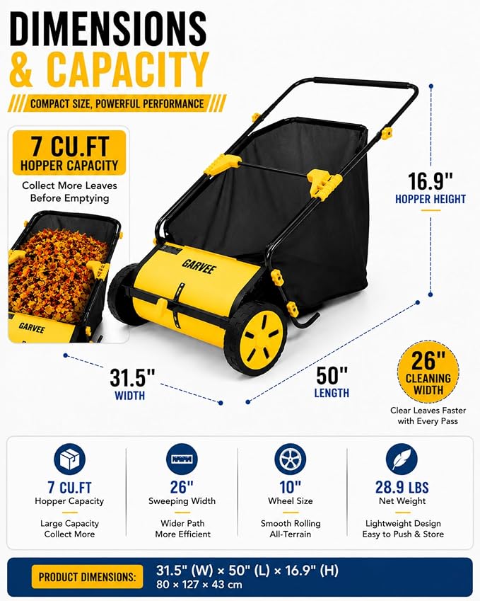 26 Inch Push Lawn Sweeper with 7 Cu. Ft. Large Mesh Collection Bag | Heavy Duty Steel Frame, 10" Rubber Wheels, 4 Spinning Brushes, Manual Height Adjustment for Leaves, Grass and Yard Debris