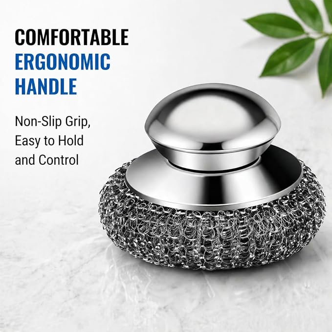Steel Wool Scrubber, 6-Pack Stainless Steel Scrubber Pads with Handle - The Ultimate Scouring Solution for Rust, Stubborn Messes on Cookware, Grill, Oven & Kitchen Sinks