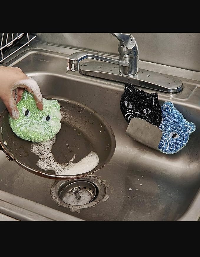 Kikkerland Reusable Cat Scrub Sponge – Cleaning Supplies for Kitchen, Home Essentials – Fun Gifts for Kids & Adults – Set of 3