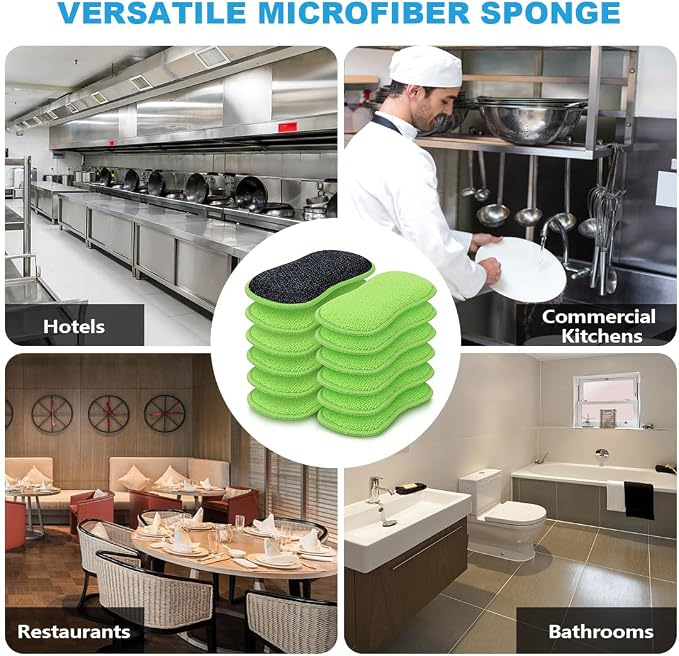 HOMEXCEL 12 Pack Multi-Purpose Scrub Sponges Kitchen Dish Sponge Non-Scratch Microfiber Sponge for Efficiently Cleaning Dishes Pots Pans, Green