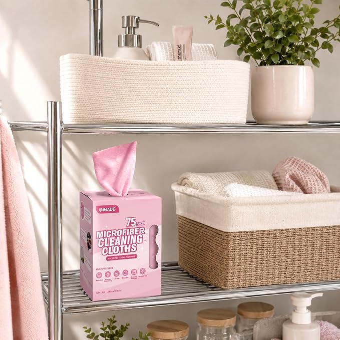 UNIMADE Microfiber Cleaning Cloth, 75 Sheets Microfiber Towels for Cars Commercial Grade Washcloths Lint-Free Bulk Shop Towel Cleaning Rags for Household Restaurant Garage Housekeeping, 11"x 9", Pink