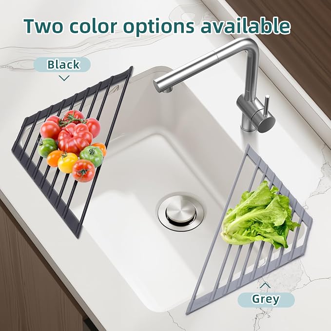 Ohuhu Triangle Roll Up Dish Drying Rack, Silicone Wrapped Steel Anti-Slip Sink Corner Rack Caddy Multipurpose Strainer for Kitchen Sink Trivet Space-Saving