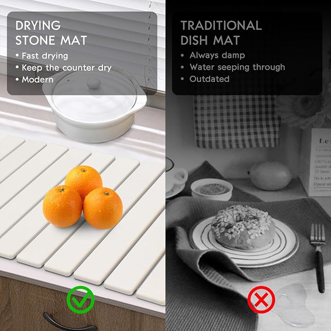 Large Stone Dish Drying Mat for Kitchen Counter, 24"(L)×16"(W) Fast Dry Super Absorbent Collapsible Dish Drying Mats, Eco-Friendly Diatomaceous Earth Mats for Dishes Bottles Cups,Match Any Countertop
