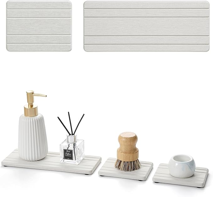 3 Pack Diatomite Stone Sink Tray, Water Absorbing Mat for Kitchen & Bathroom Counter, Quick Dry Soap Dish Makeup Vanity Caddy,Sponge Holder Organizer, Beige - 2pcs of 4.5"x 3.5" and 1pc of 9"x 3.5"