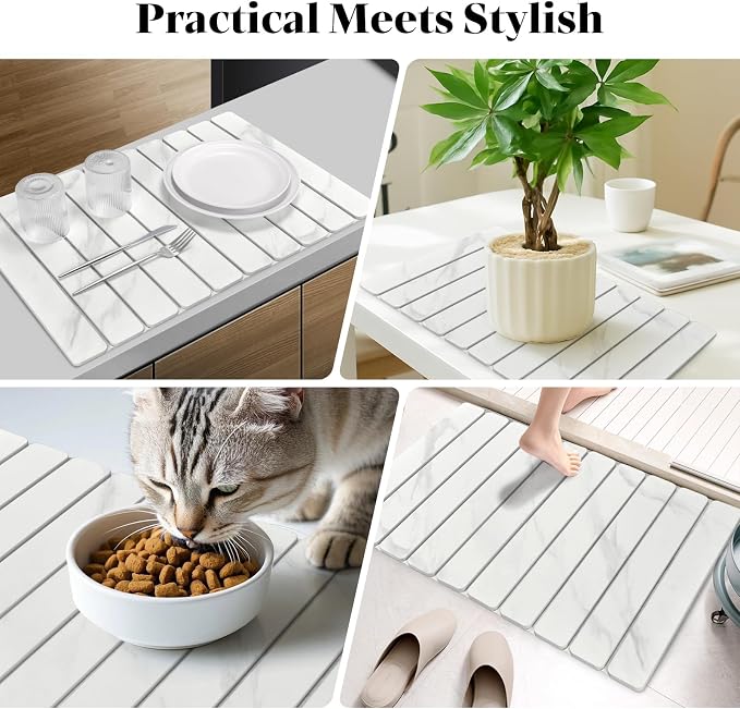 Large Stone Dish Drying Mat for Kitchen Counter, 24"×16" Marble-Pattern Dish Drying Mat with 8"x 4" Coasters, Non - Slip Collapsible Absorbent Mat for Multi - Purpose, Match Any Countertop【White】