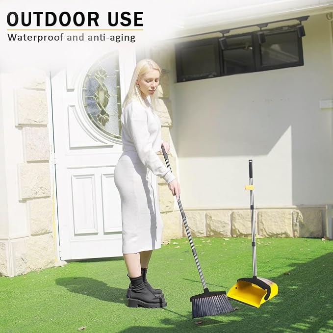 2-Pack is More economical,Brooms with Dustpan Combo Set,with 52" Long Handle, Dustpan Teeth with self-Cleaning Function, Indoor and Outdoor Sweeping, Perfect for Home Office (Large/Yellow /2-Pack)