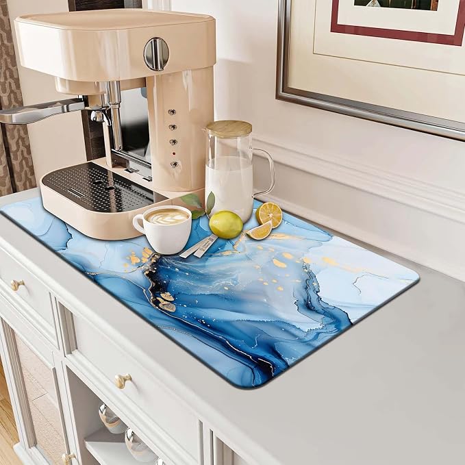 MCALK Marble Blue Dish Drying Mat for Kitchen Counter, Luxurious Marble Texture Dish Drying Pad with Anti-Slip Rubber Base, Absorbent Kitchen Sink Mat with Modern Art Decor (1 pc 18" x 16")