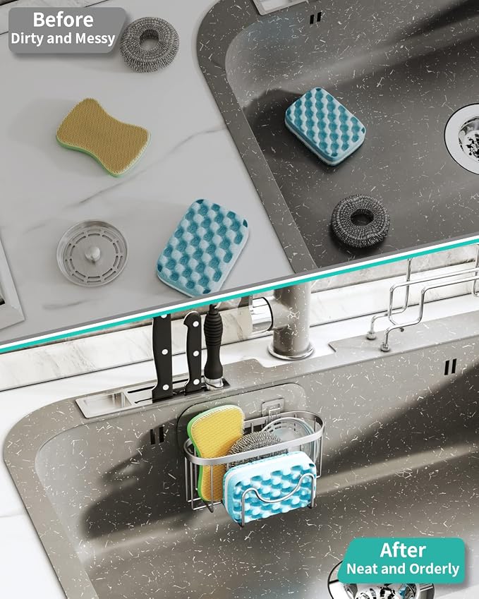 HapiRm Multifunctional Kitchen Sponge Holder with Unique M-Shaped, 2 Installation Ways Sink Caddy, Stainless Steel Kitchen Organizer for Sponge, Brush, Sink Stopper and Scraper -Brushed Nickel